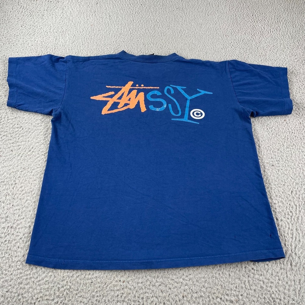 Vintage 2000s Stussy Graphic T Shirt Blue Men's L Y2K Big Logo Double Graphic * - Picture 6 of 12
